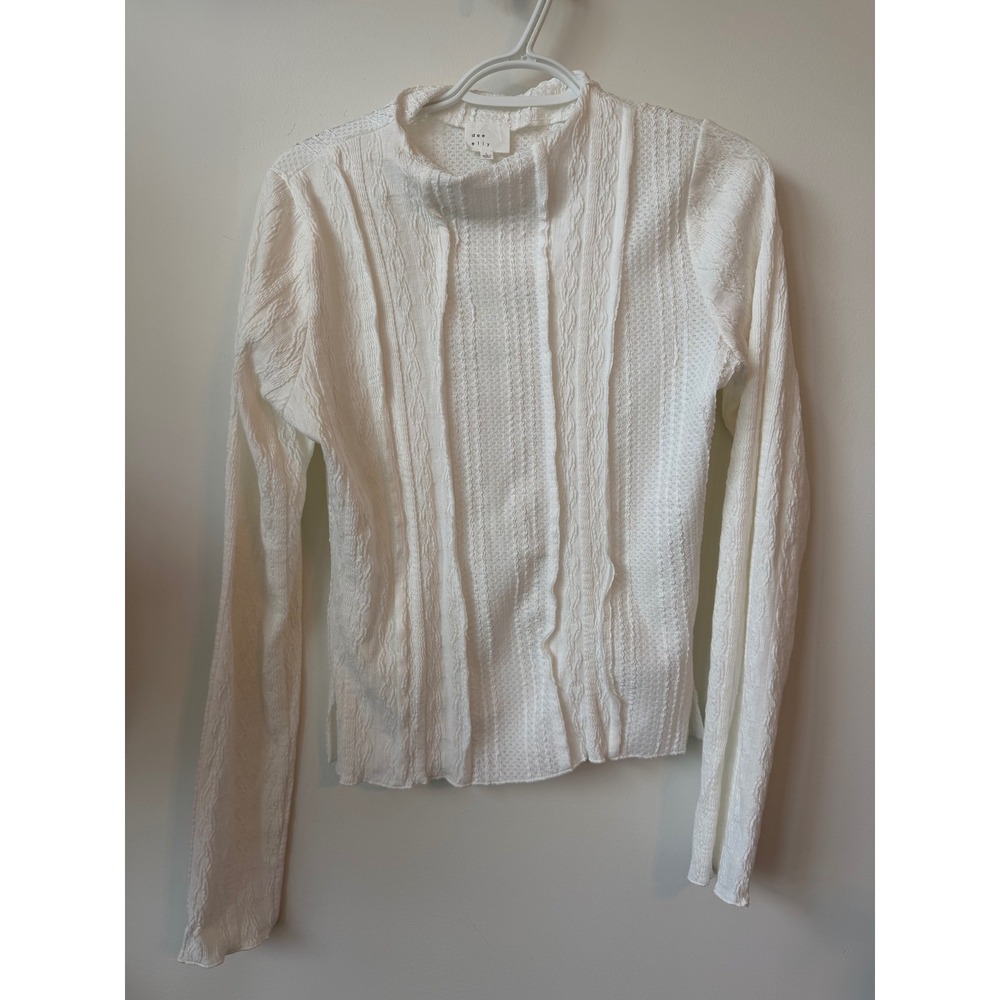 Dee Elly White Textured Mock Neck Long Sleeve Top Seam Detail Large